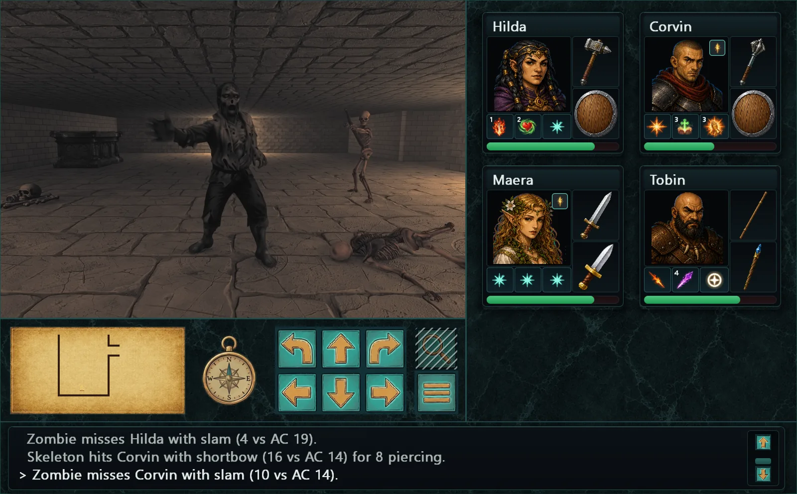Zombie a kostlivec s lukem útočí na družinu v kryptě mezi sarkofágem a starými kostmi